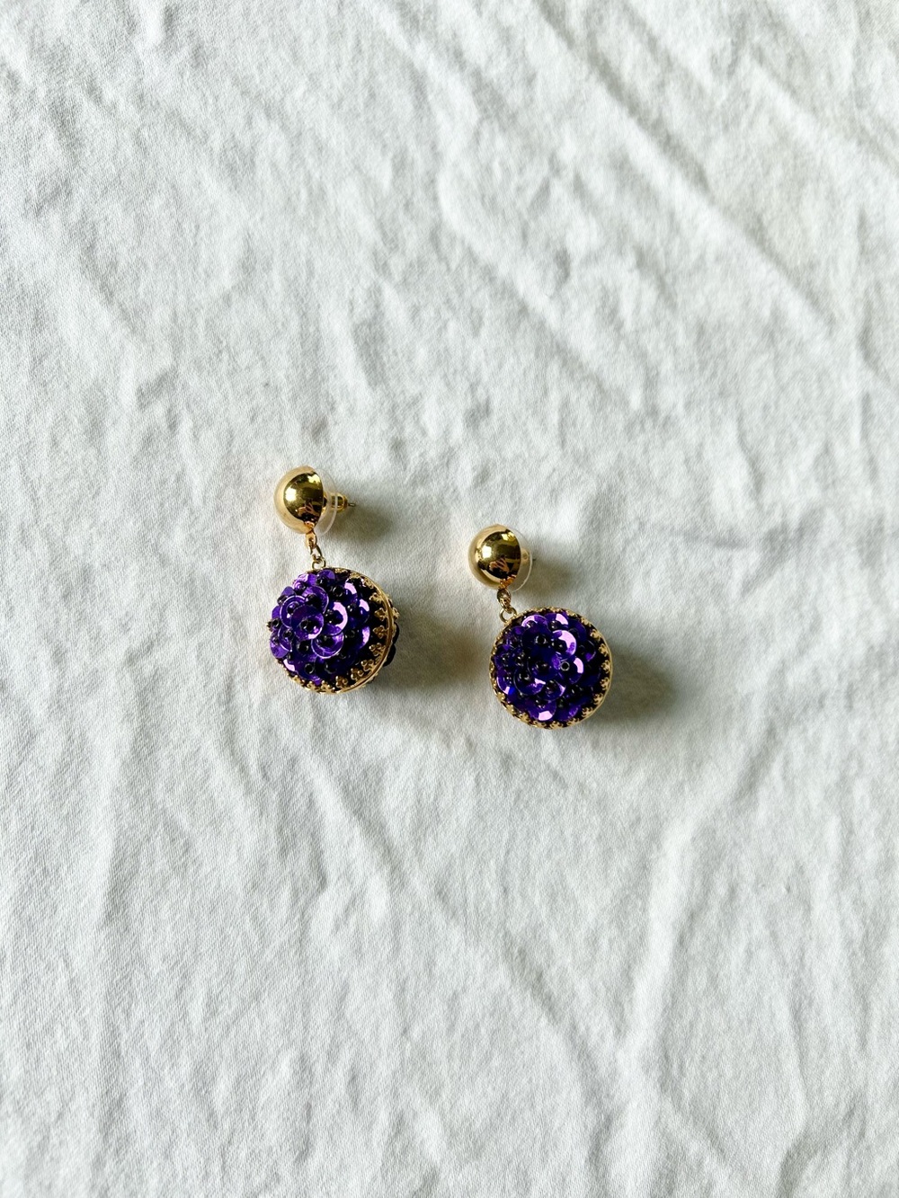 Vintage Inspired Purple Sequin Beaded Bauble Gold Tone Post Earrings